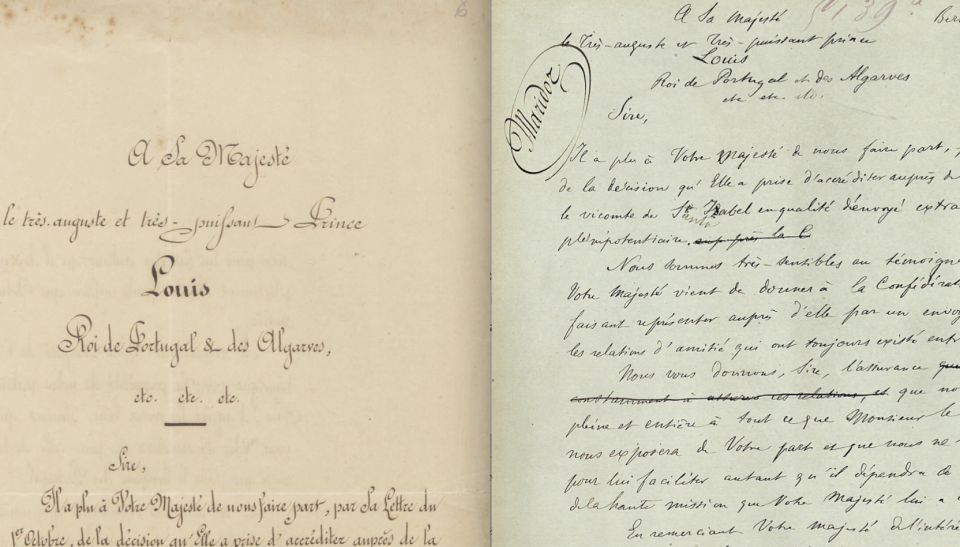 Das Original ging nach Lissabon, die Versandkopie blieb in Bern: Schreiben des Bundesrats an König Luís vom November 1873: dodis.ch/65188 / L'original est parti pour Lisbonne, la copie d'expédition est restée à Berne : lettre du Conseil fédéral au roi Luís en novembre 1873: dodis.ch/65188. Das Original ging nach Lissabon, die Versandkopie blieb in Bern: Schreiben des Bundesrats an König Luís vom November 1873: dodis.ch/65188 / L'original est parti pour Lisbonne, la copie d'expédition est restée à Berne: lettre du Conseil fédéral au roi Luís en novembre 1873: dodis.ch/65188.