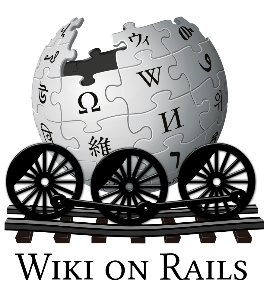 Logo wiki on rails Logo costituito dal globo wikipedia portato su rotaie da un veicolo dotato di tre grosse ruote di locomotiva a vapore